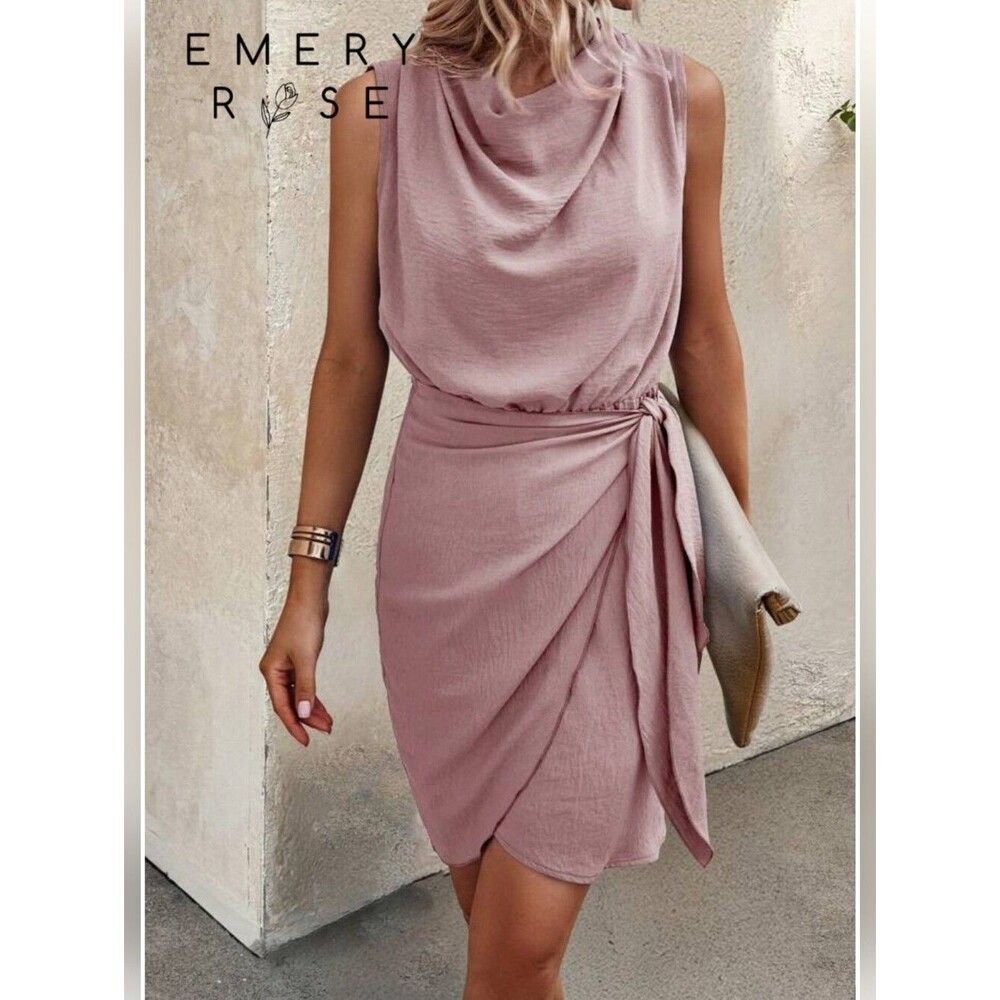SHEIN L Dusty Rose Sleeveless Wrap Cowl Neck Dress 1396-N